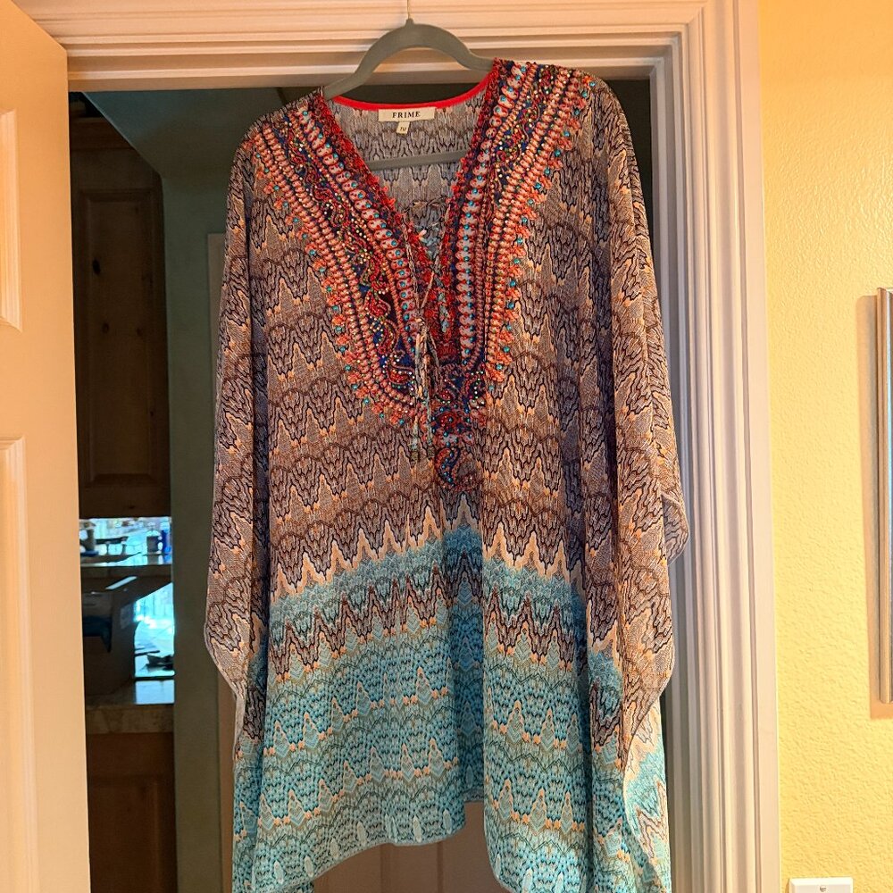 Colorful, beaded tunic blouse from Frime, 100% polyester, tie front, size: L/XL